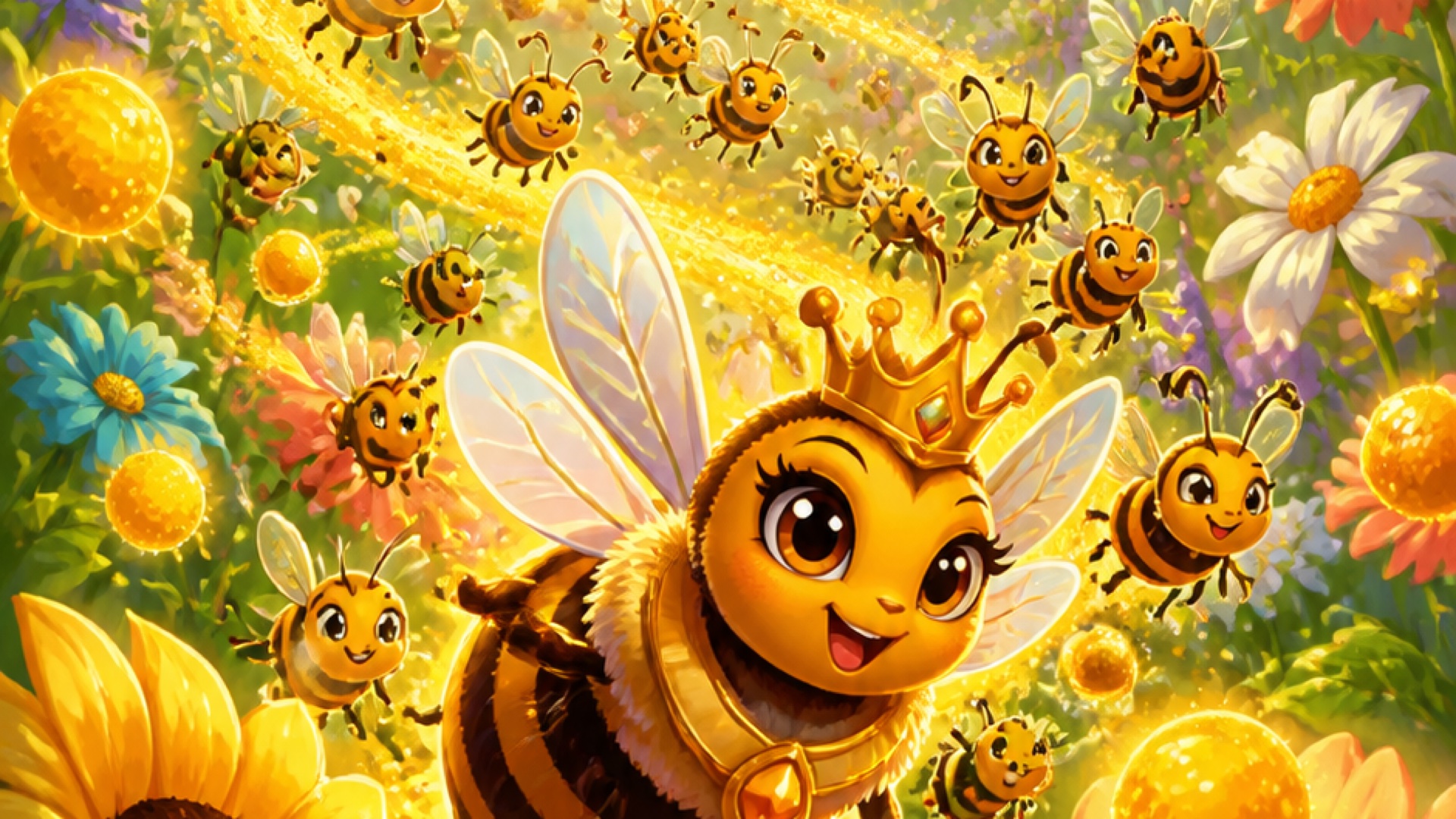 The queen bee leading a colorful swarm through a flower meadow